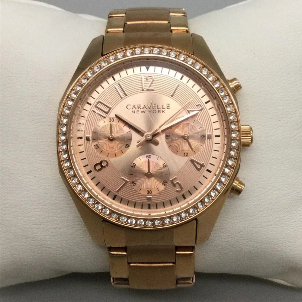 Caravelle New York Womens Watch 36mm Rose Gold Tone Crystals New Battery 6.5